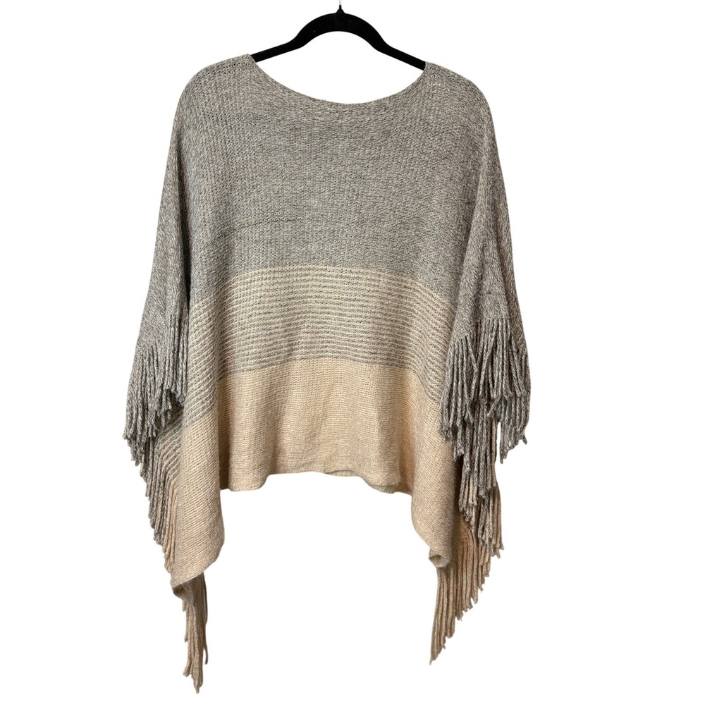 Hayden Los Angeles Fringe Poncho Sweater Gray Cream Colorblock One Size Boho